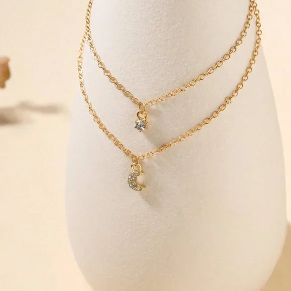 Layered Necklace, Rhinestone Moon Charm Layered Necklace - Picture 2 of 6